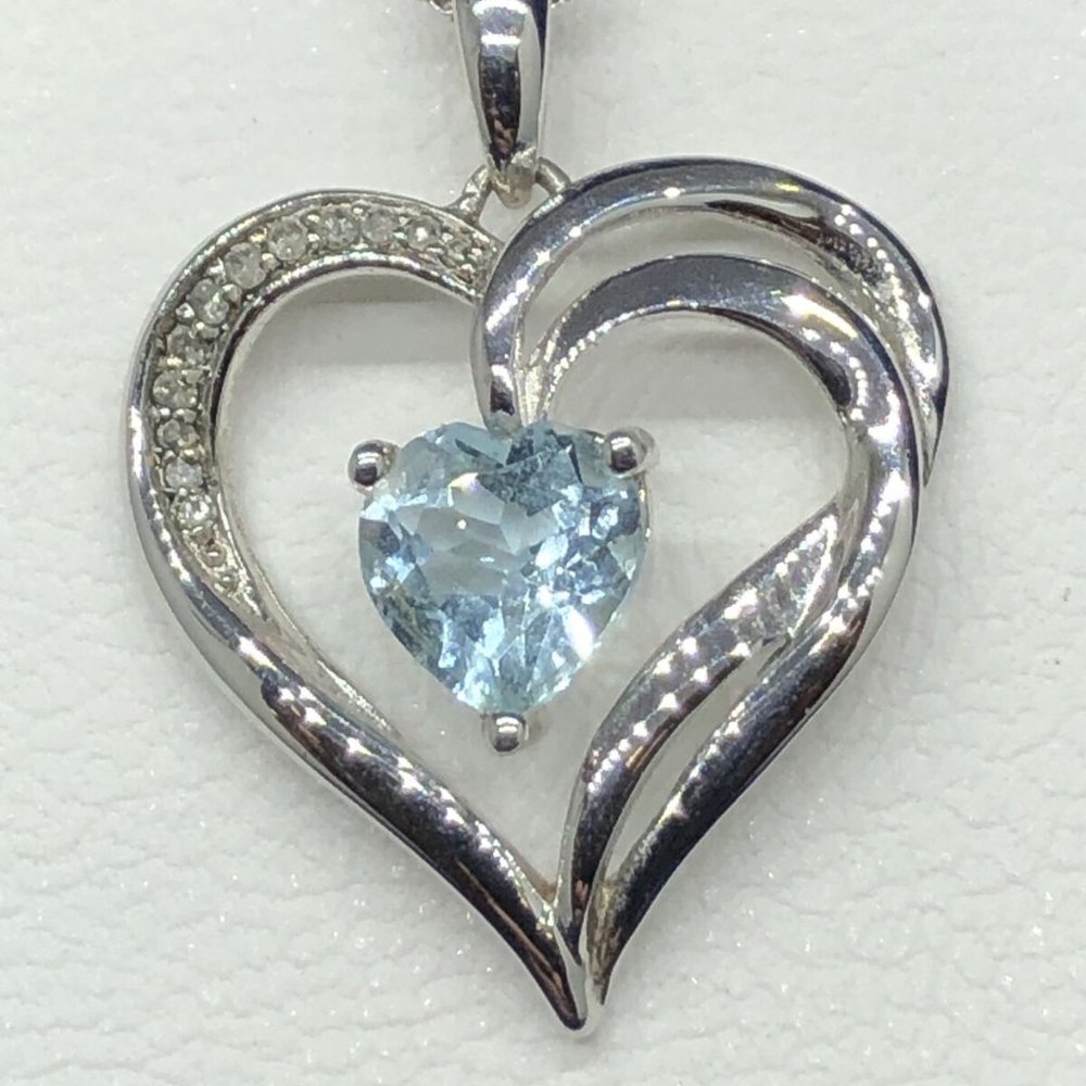 Two Hearts Forever One Sterling Silver blue Topaz & Diamond Necklace NWB $225
